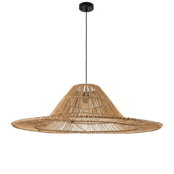 Front view of the Astra rattan pendant lamp with wide circular shade.