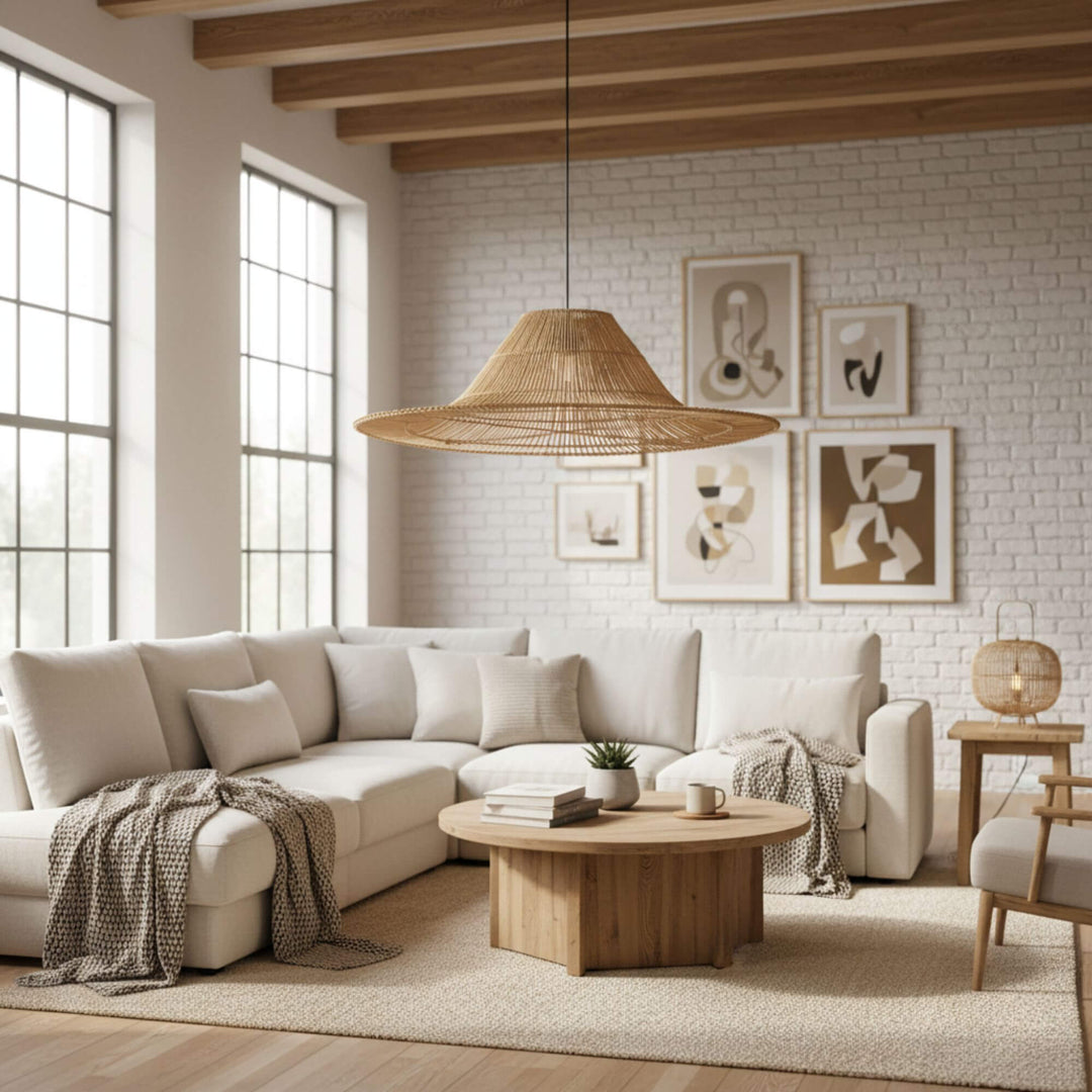 Living room interior featuring the Astra natural rattan hanging lamp.