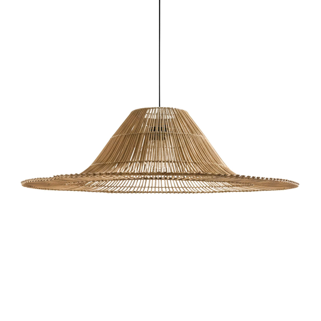 Side angle of the Astra lamp showing its open-weave rattan structure.