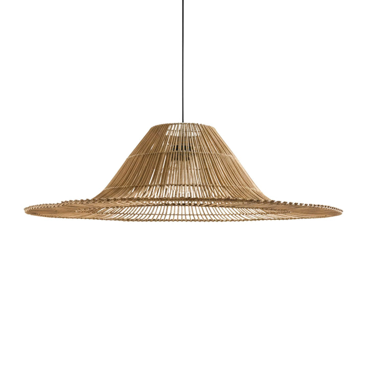 Side angle of the Astra lamp showing its open-weave rattan structure.