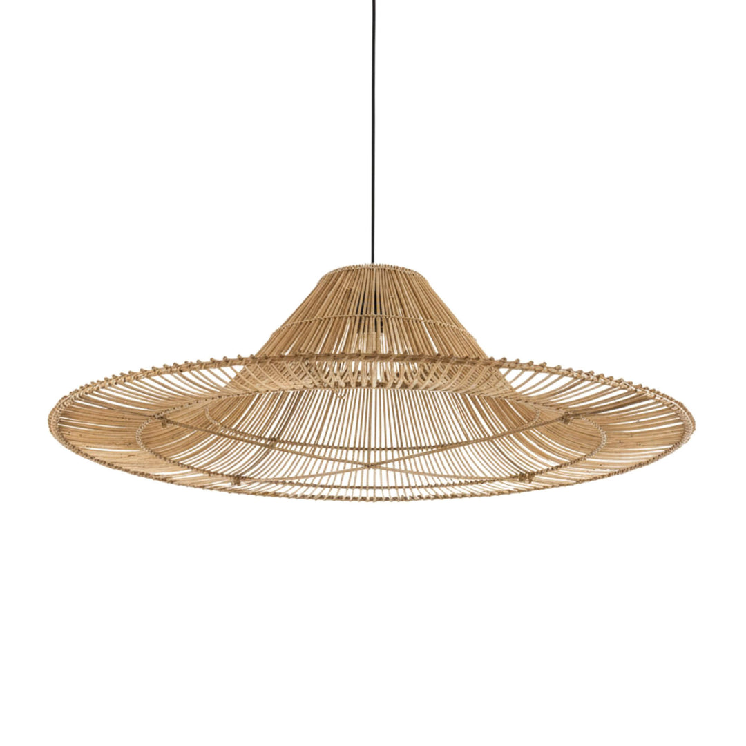 Angled view of the Astra rattan pendant light highlighting its wide silhouette.