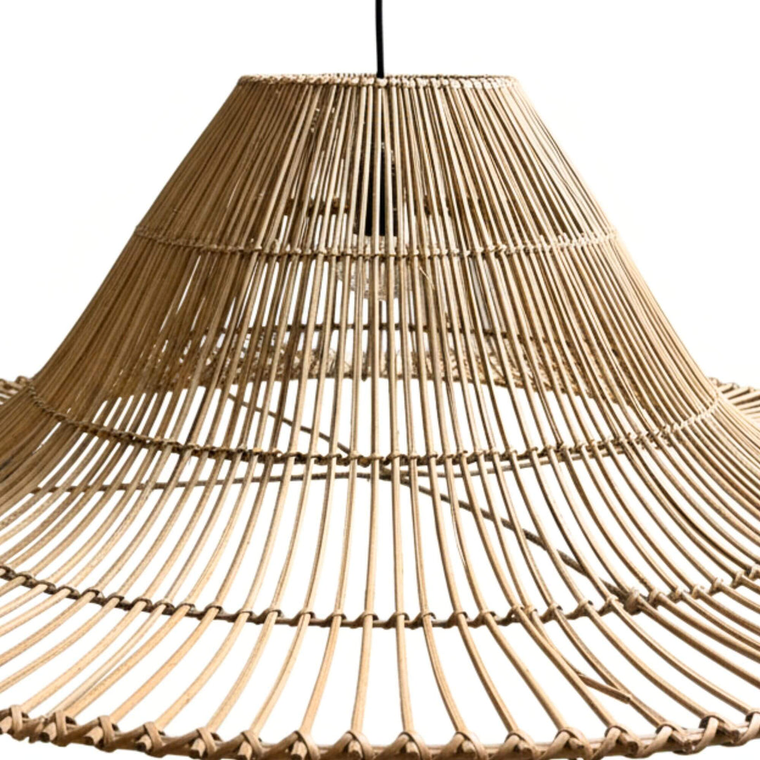 Close-up of the woven rattan detailing on the Astra lamp shade.