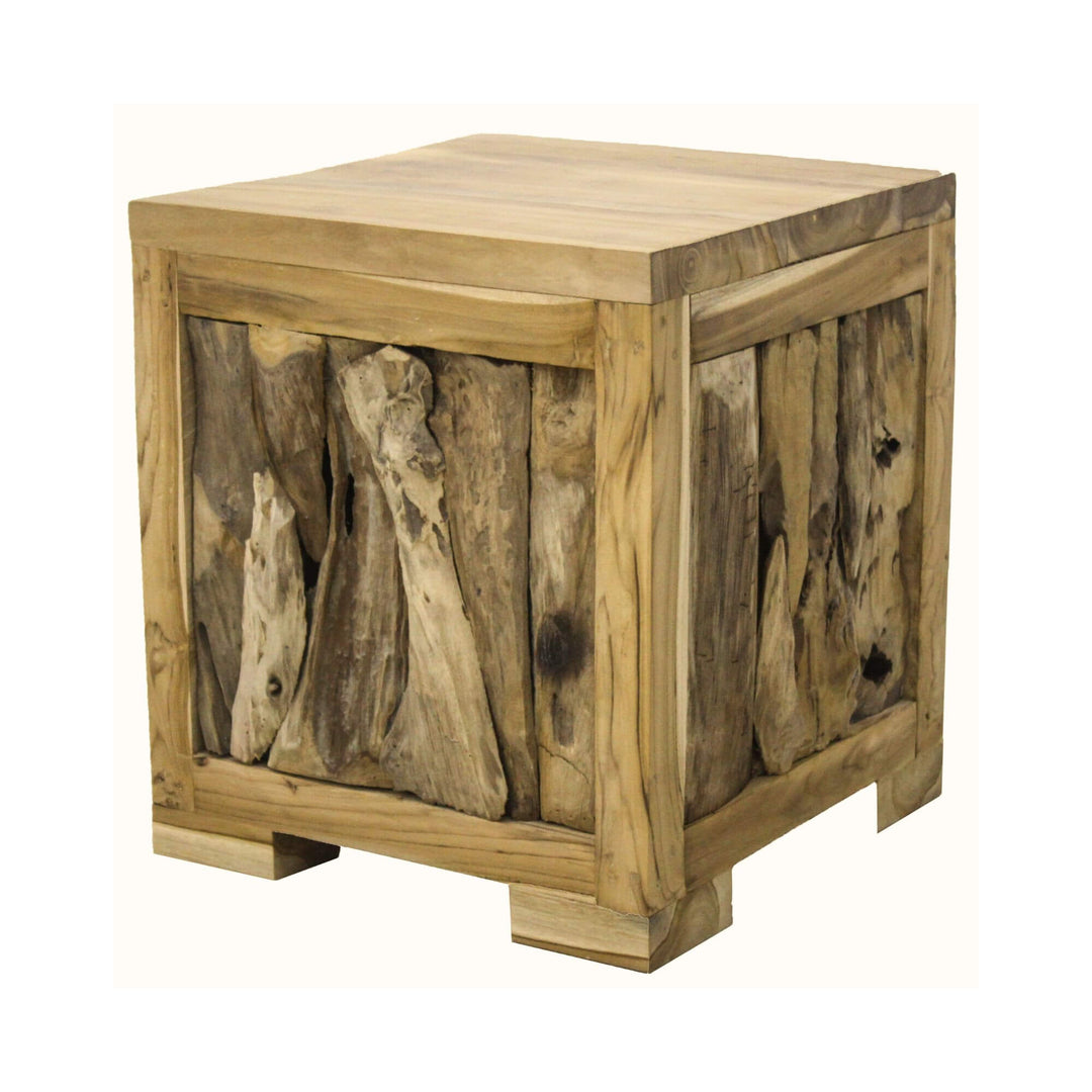 AUKENA natural teak wood stool with square top and rustic branch sides.