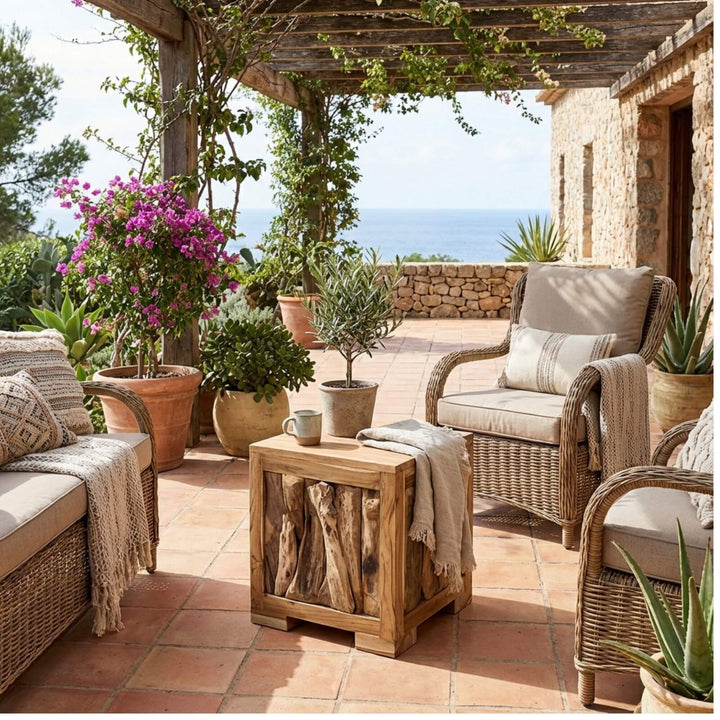 Outdoor patio with wicker furniture, Aukena teak wood stool, and potted plants overlooking a scenic view.