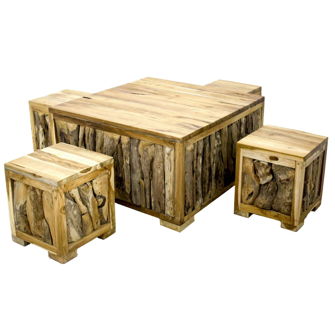 Square teak wood coffee table with natural teak block sides and matching cube stools in a living room setting.

