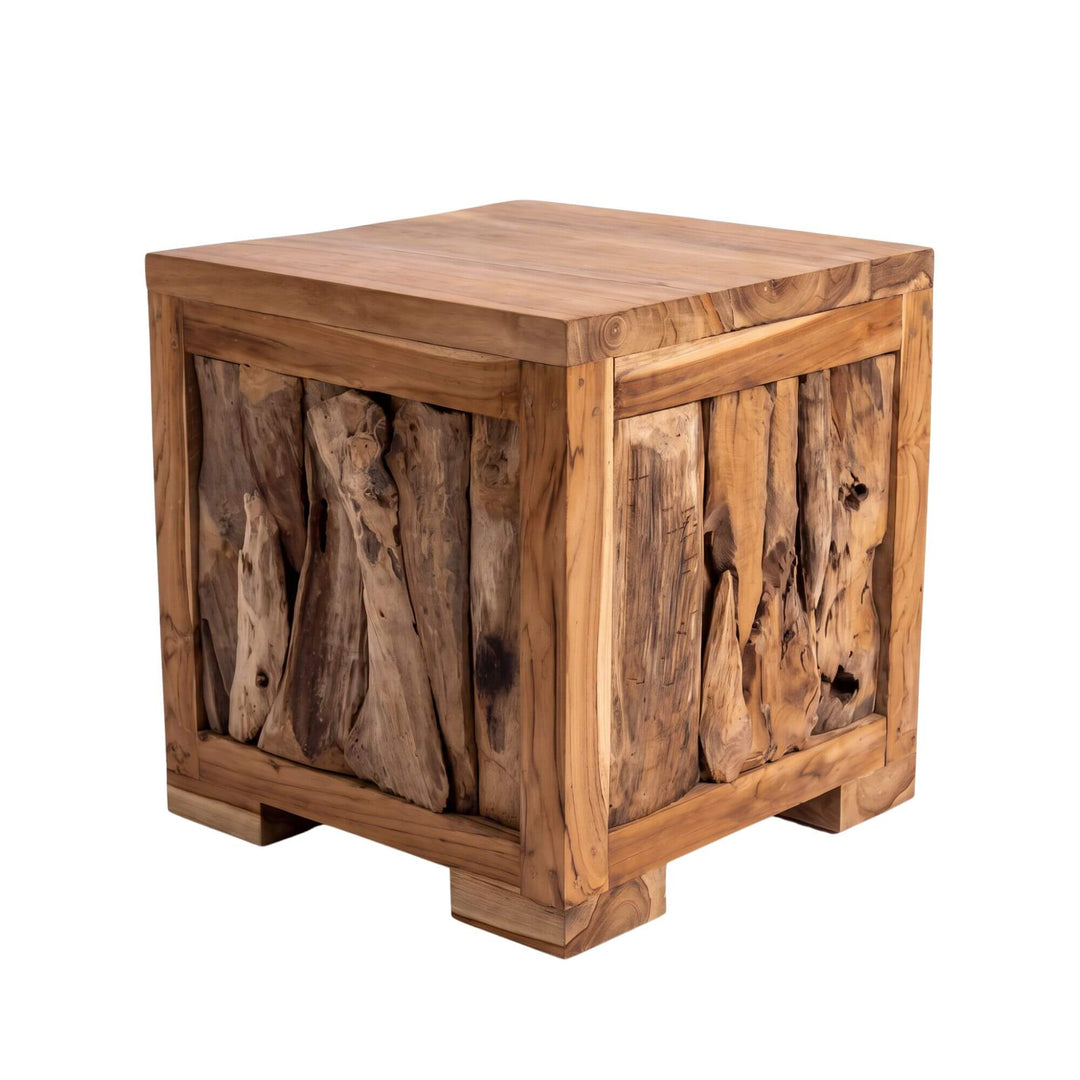 A rustic Aukena teak wood stool made from recycled teak wood, shown on a plain white background.