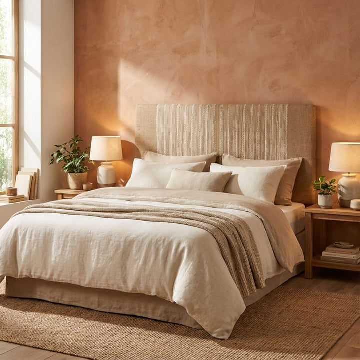 Neatly made bed with beige bedding and Aura Jute Headboard in a softly lit bedroom.