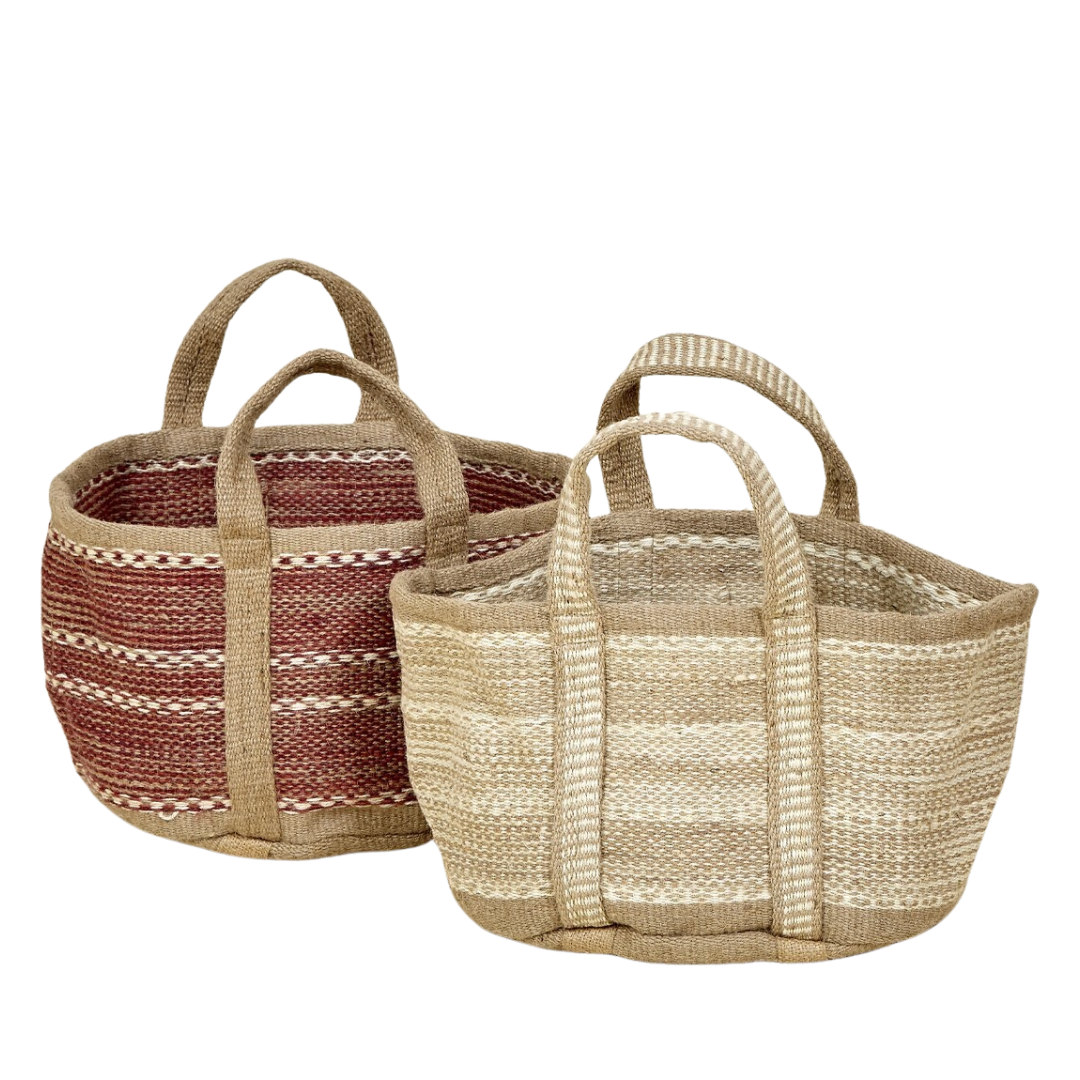 Two Aura jute baskets in natural and red-toned variations