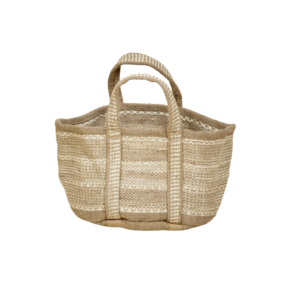 Aura jute basket with natural and earthy tone stripes, sturdy handles