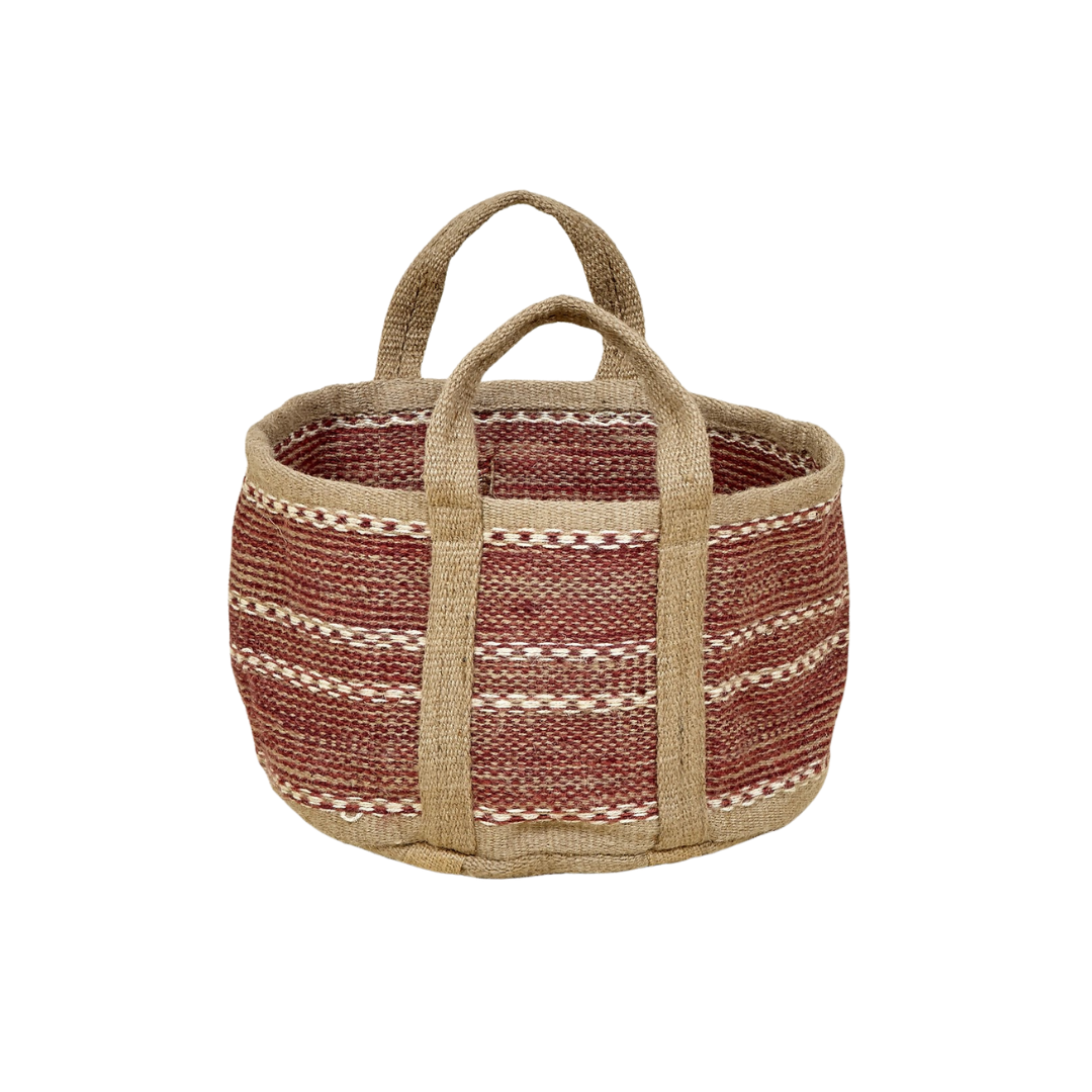 Aura jute basket with natural and earthy tone stripes, sturdy handles