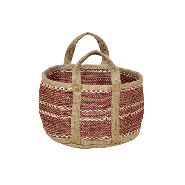 Aura jute basket with natural and earthy tone stripes, sturdy handles