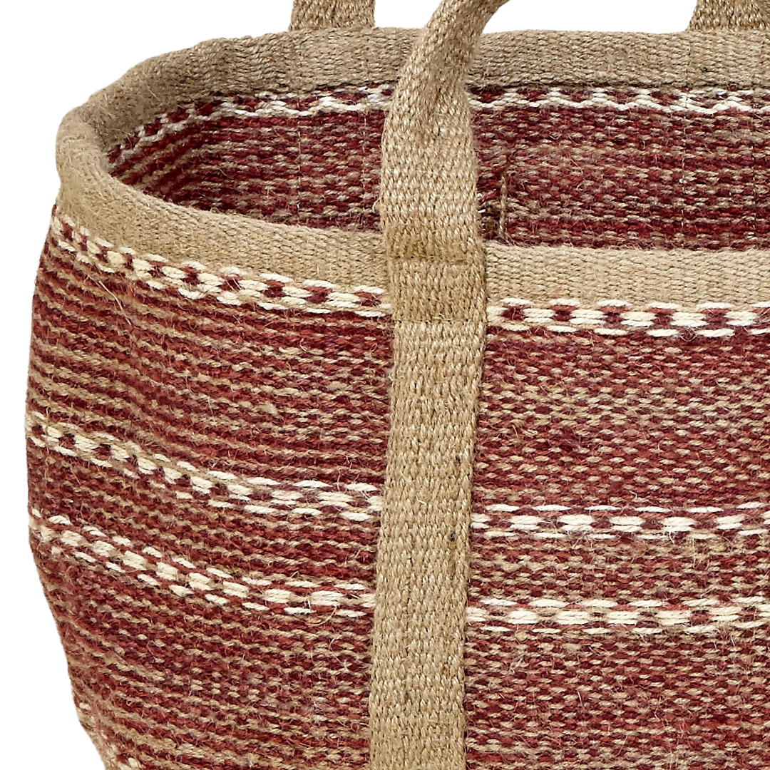 Aura jute basket with natural and earthy tone stripes, sturdy handles