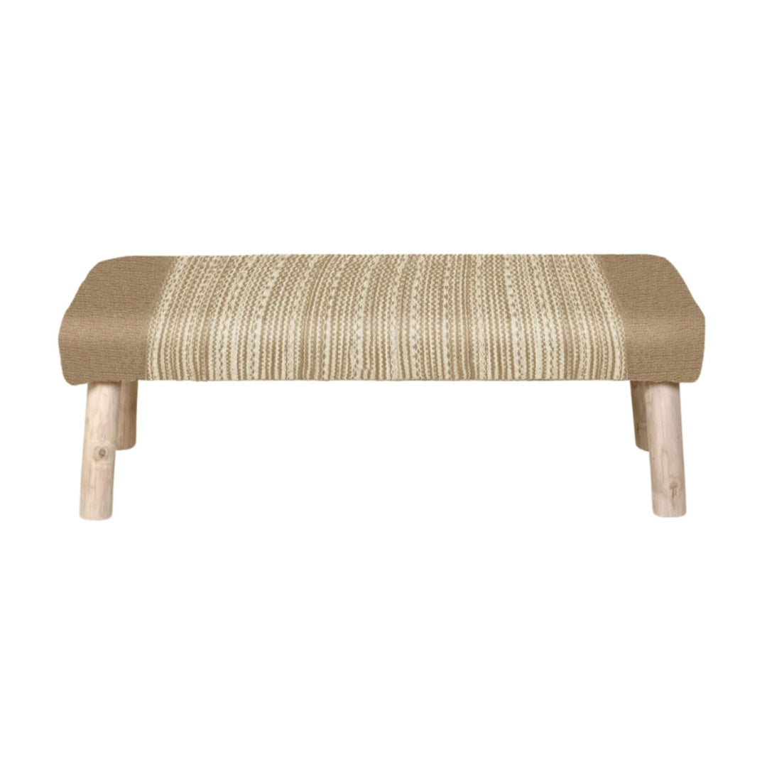 Aura Jute Bench with natural woven jute seat and light wood legs, rectangular 120 cm bench on white background.