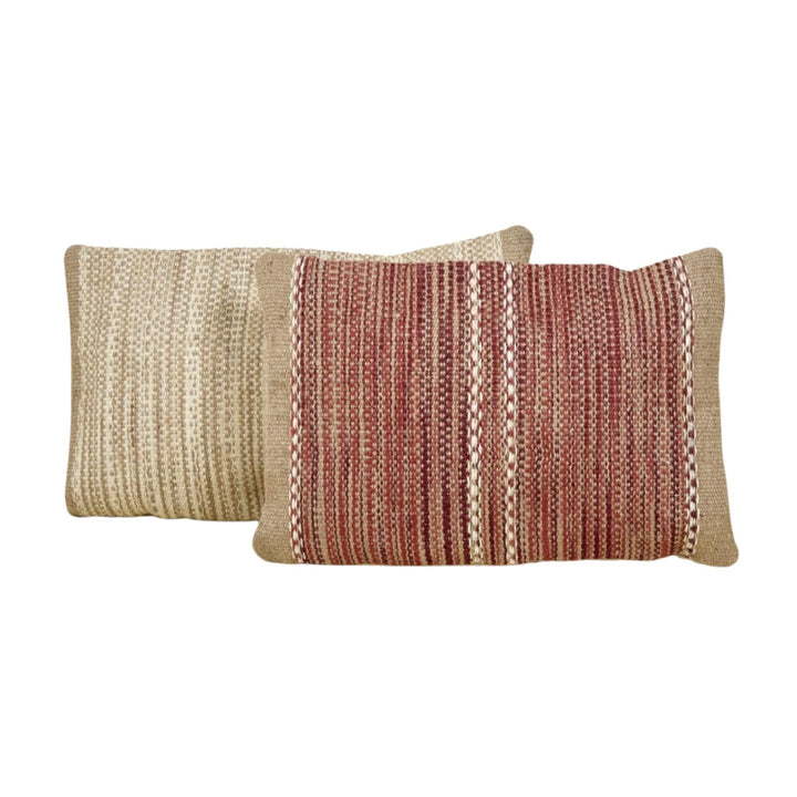 Aura Jute Cushions in natural and red tones set