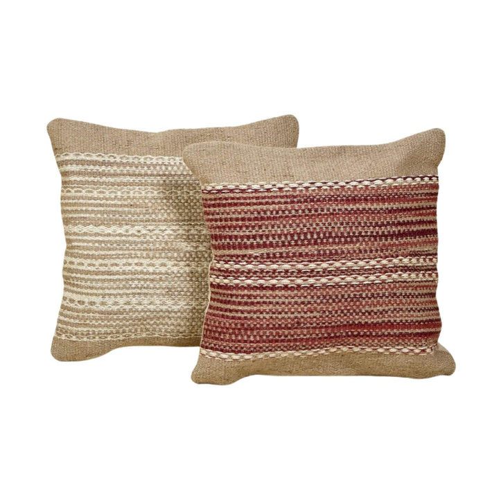 Pair of Aura Jute Cushions in red and natural beige jute displayed together.

