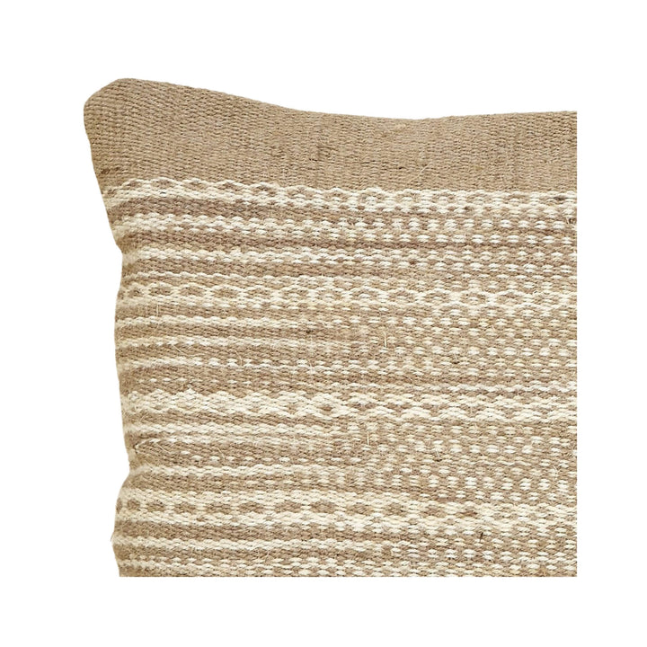 Close-up of Aura Jute Cushion in natural beige jute with subtle woven pattern.