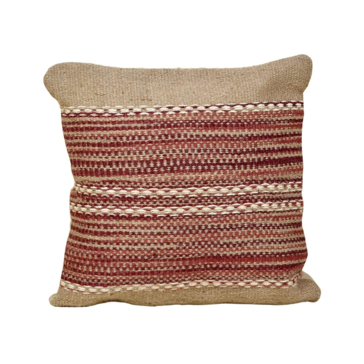 Front view of rectangular Aura Jute Cushion in terracotta and natural beige jute.