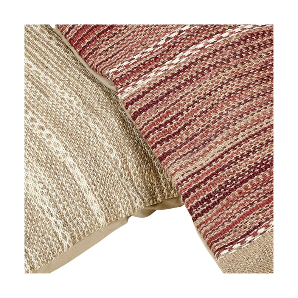 Detailed texture angle of red and beige jute cushions