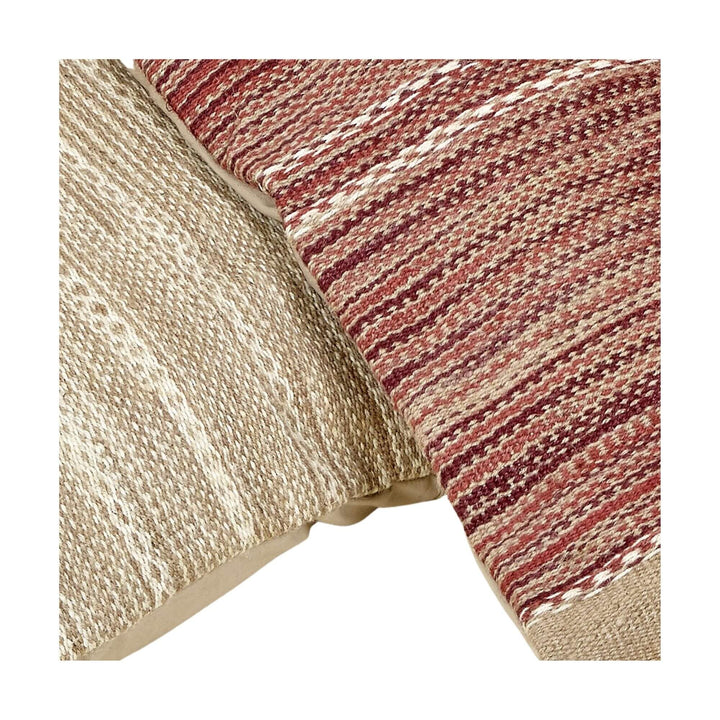 Detailed texture angle of red and beige jute cushions