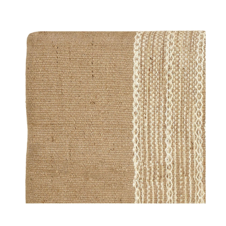 Side detail of Aura Jute Headboard highlighting plain jute border and slim wooden structure.