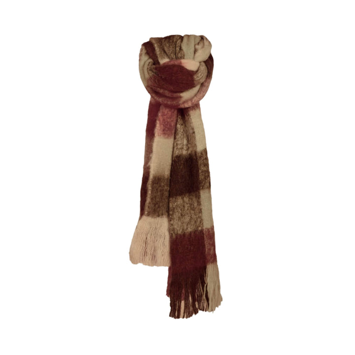 Warm multicolour Aura scarf in garnet and beige checks with fringed ends

