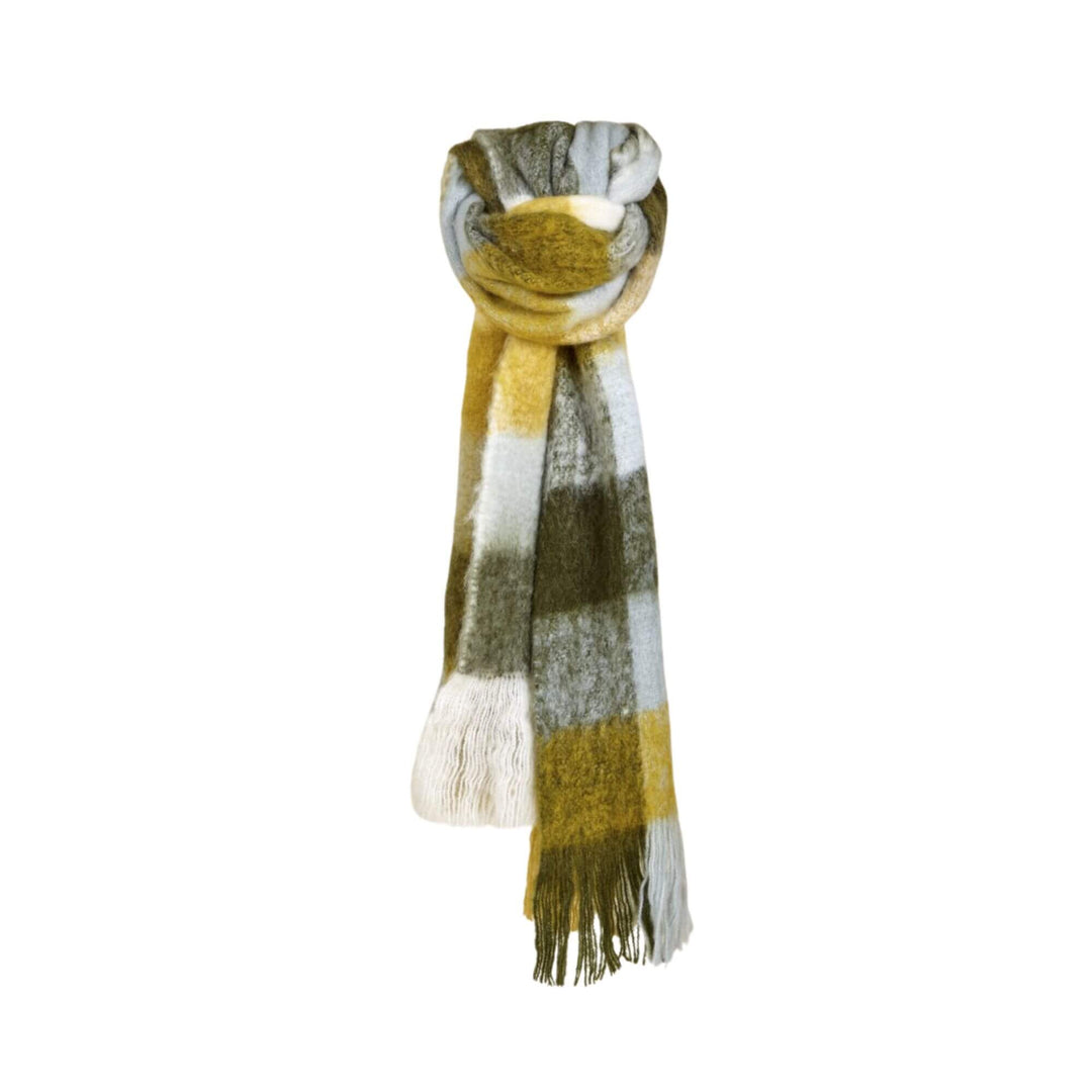 Cool multicolour Aura scarf in mustard, olive checks with fringed ends
