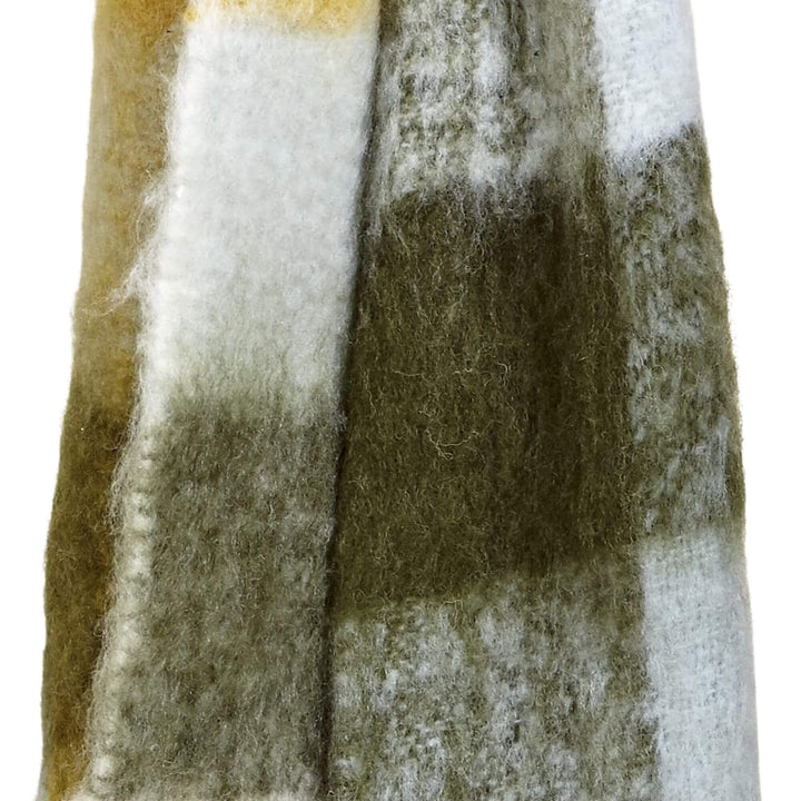 Close-up of cool Aura scarf showing soft brushed wool-blend texture in green and grey checks