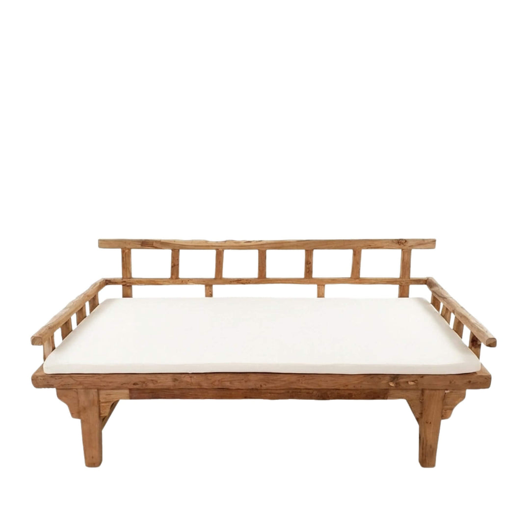 Front view of Aurora recycled teak wood daybed showcasing its clean lines and open backrest design.