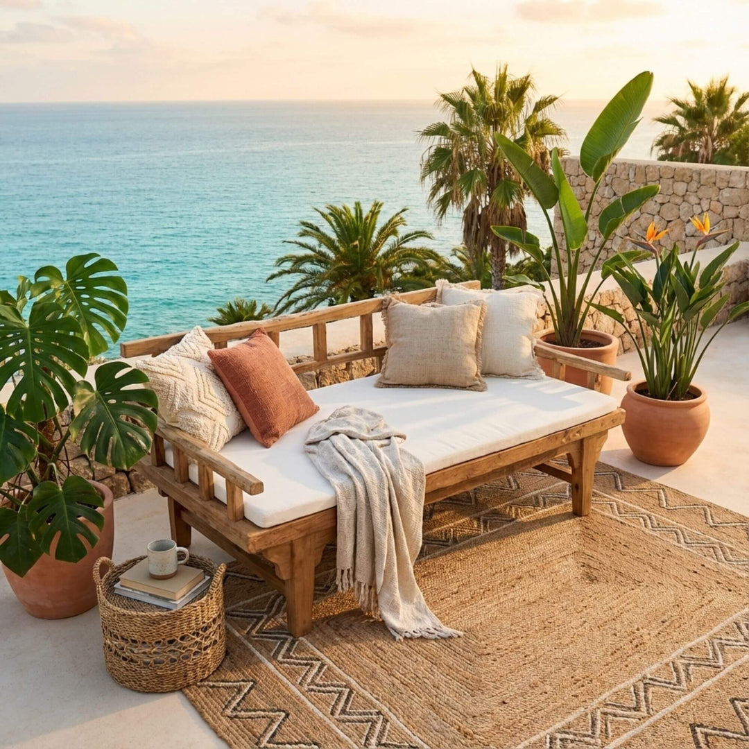 Styled outdoor terrace view featuring the Aurora daybed in a coastal setting overlooking the sea.