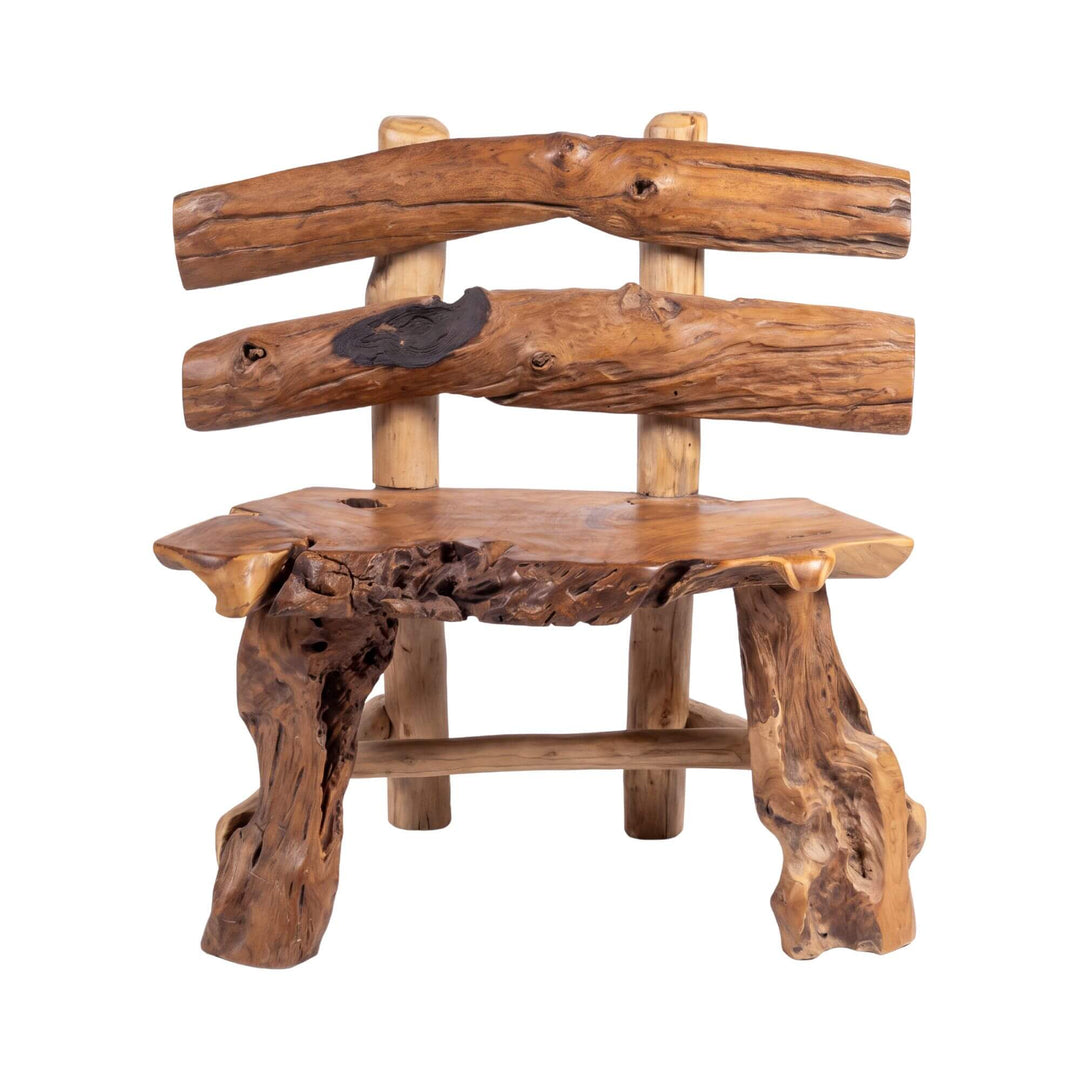 Front view of the Auster bench crafted from reclaimed teak wood with sculptural natural legs and rustic backrest