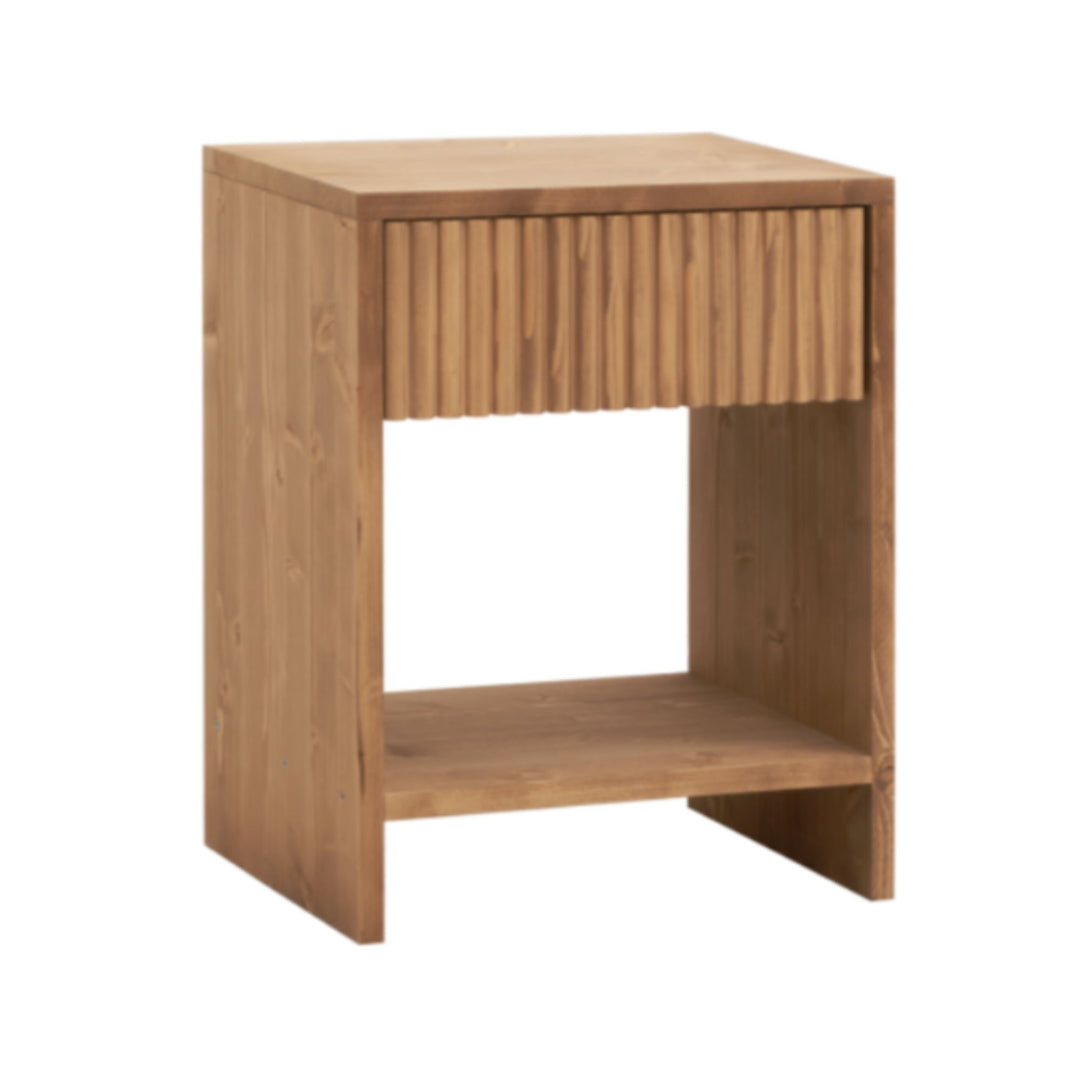 Front view of Ayana oak bedside table highlighting simple lines and storage shelf.

