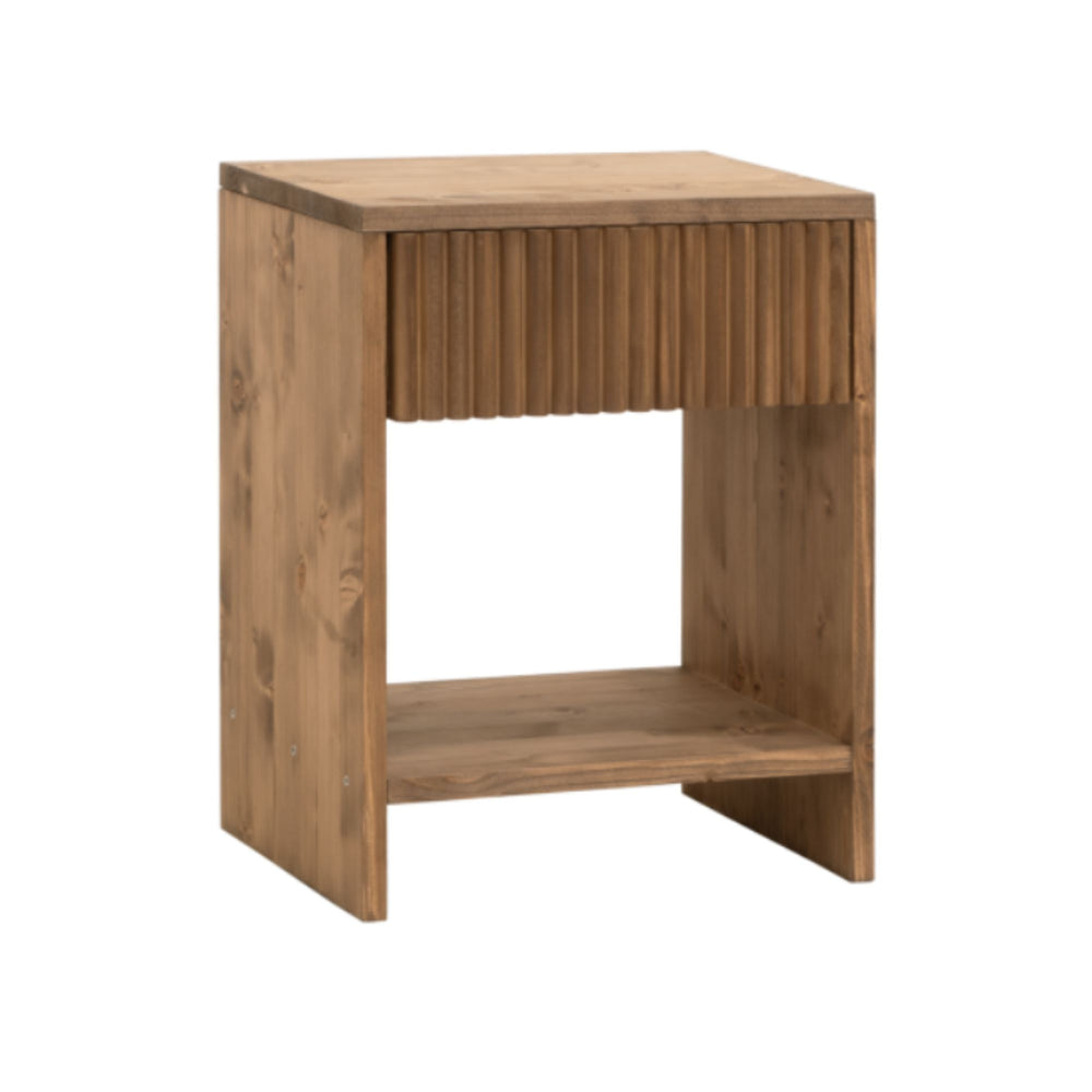 Front view of Ayana dark oak bedside table with fluted drawer front and open shelf.