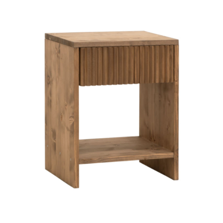 Front view of Ayana dark oak bedside table with fluted drawer front and open shelf.