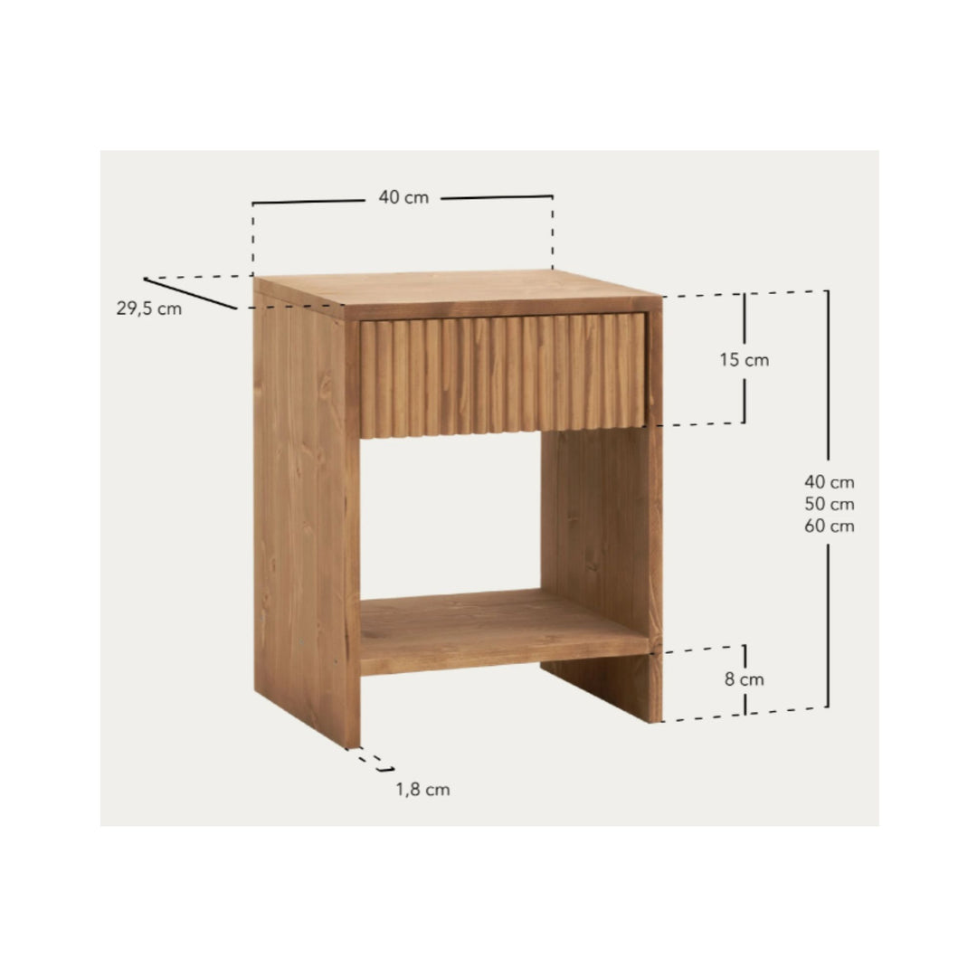 Ayana bedside table in oak wood with measurements overlay showing height and depth.