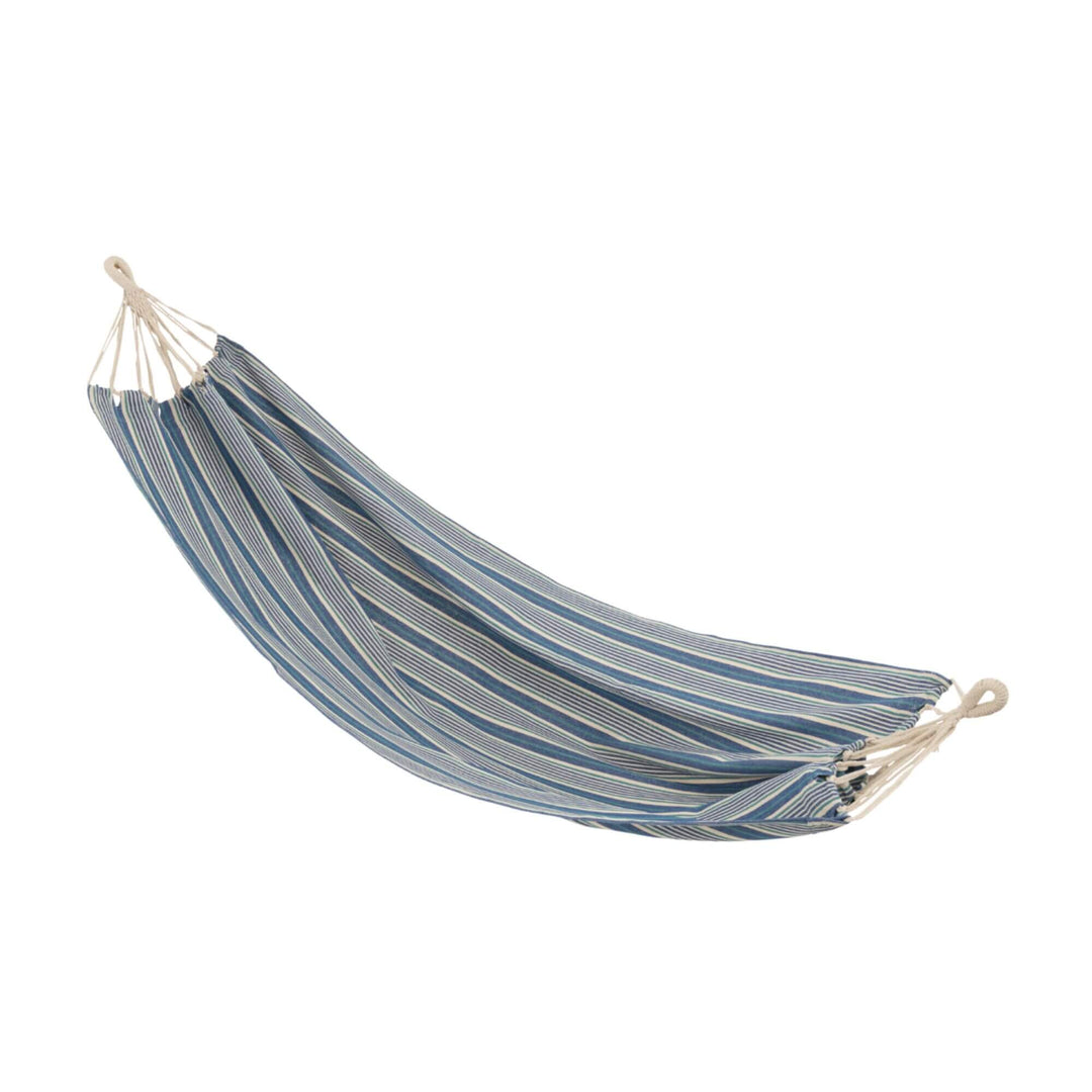 Azure striped hammock fully extended on white background.