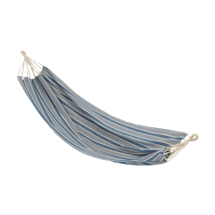 Azure striped hammock fully extended on white background.