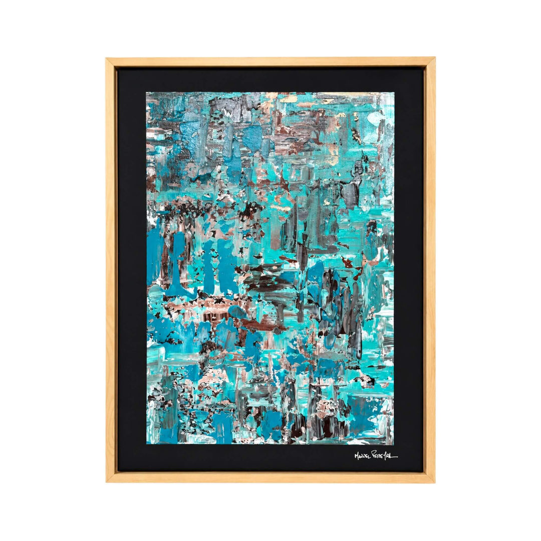 Front view of the Azure Impressions original painting by Manuel Pereyra with layered turquoise, aqua blue, white, black, and grey abstract textures