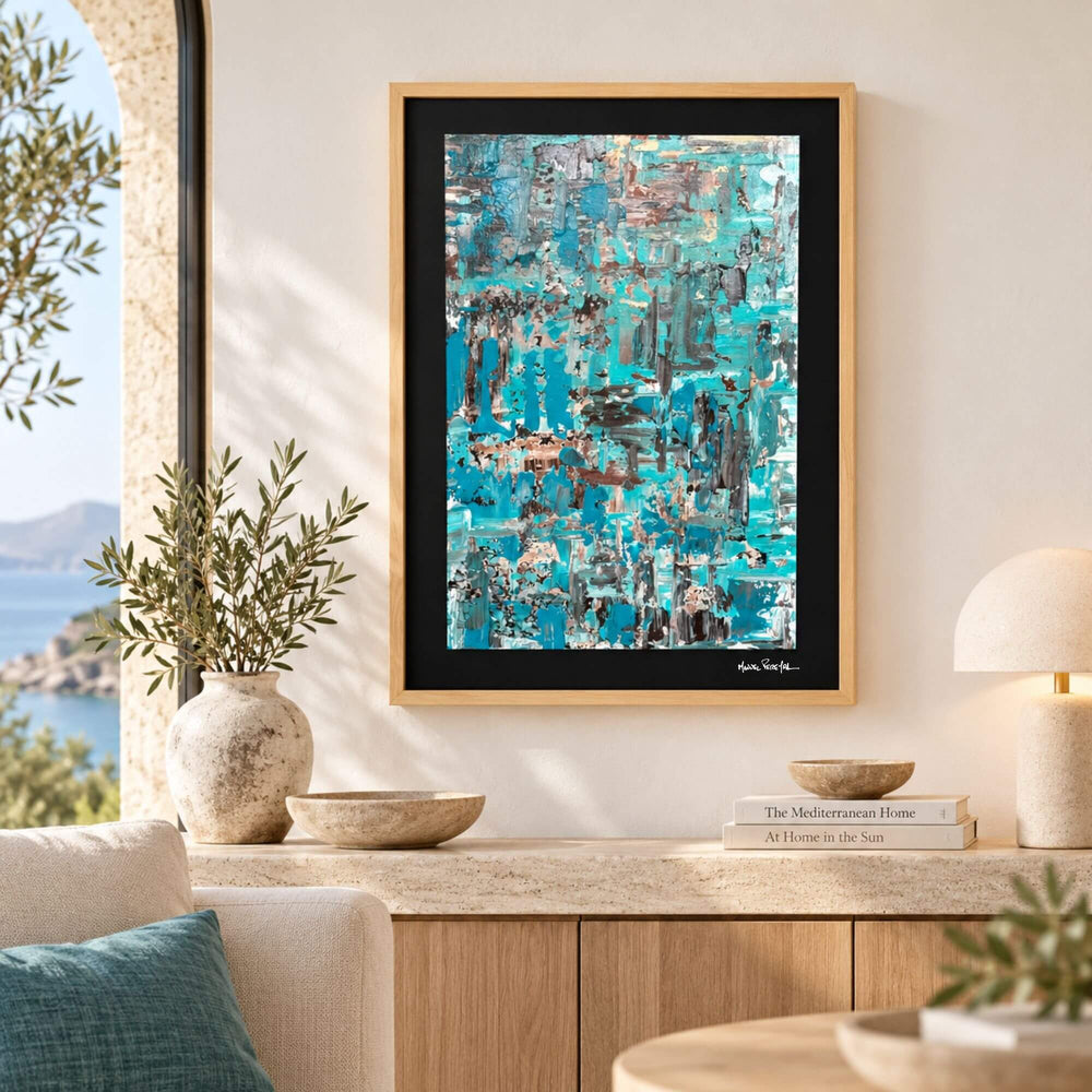 Azure Impressions painting by Manuel Pereyra displayed above a wooden console in a warm contemporary interior