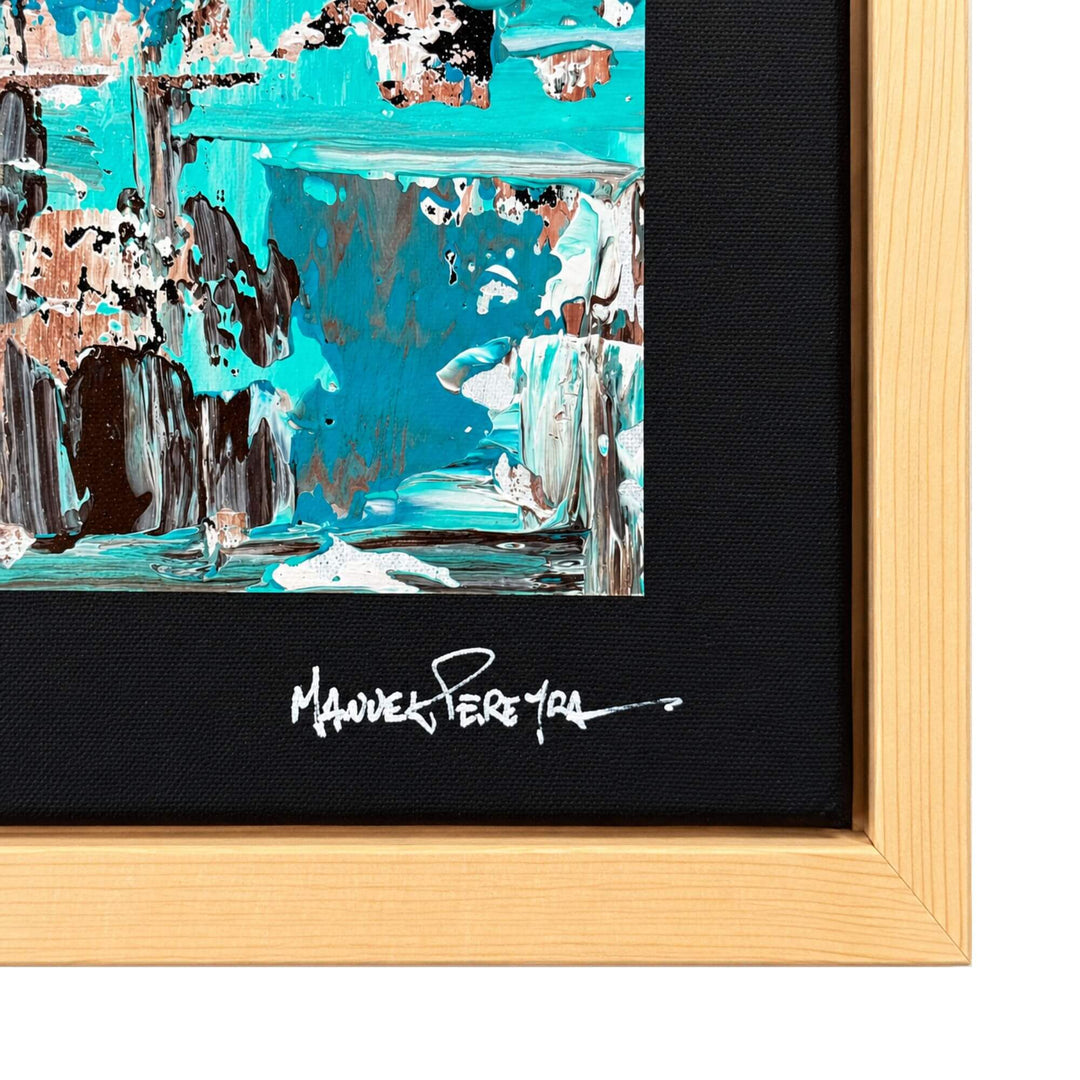 Close-up of the Azure Impressions artwork showing its textured mixed-media surface, dark inner border, and artist signature