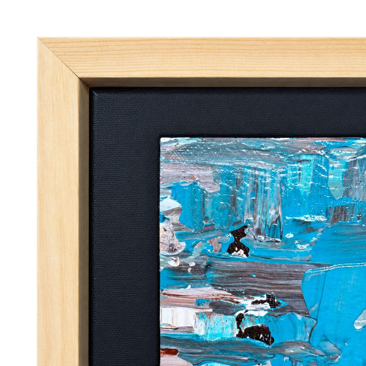Close-up of the Azure Impressions painting highlighting the layered turquoise, blue, white, and dark abstract brushwork