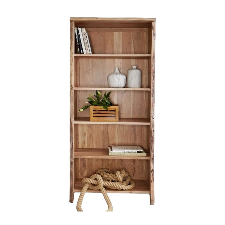 Front view of Acacia Edge Shelf made from solid acacia wood with multiple shelves.