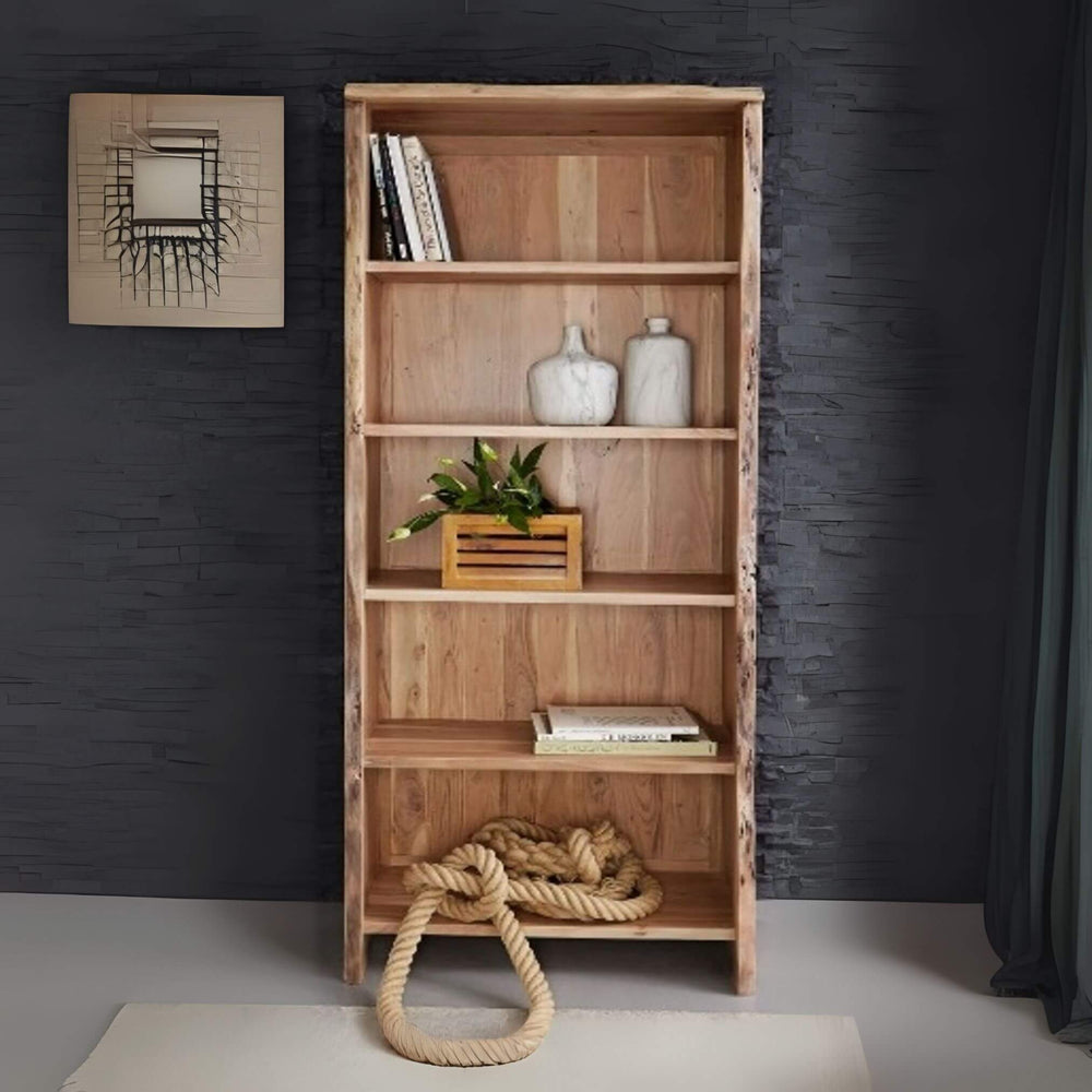 Acacia Edge Shelf styled in a room, showcasing natural wood tones and decorative items.