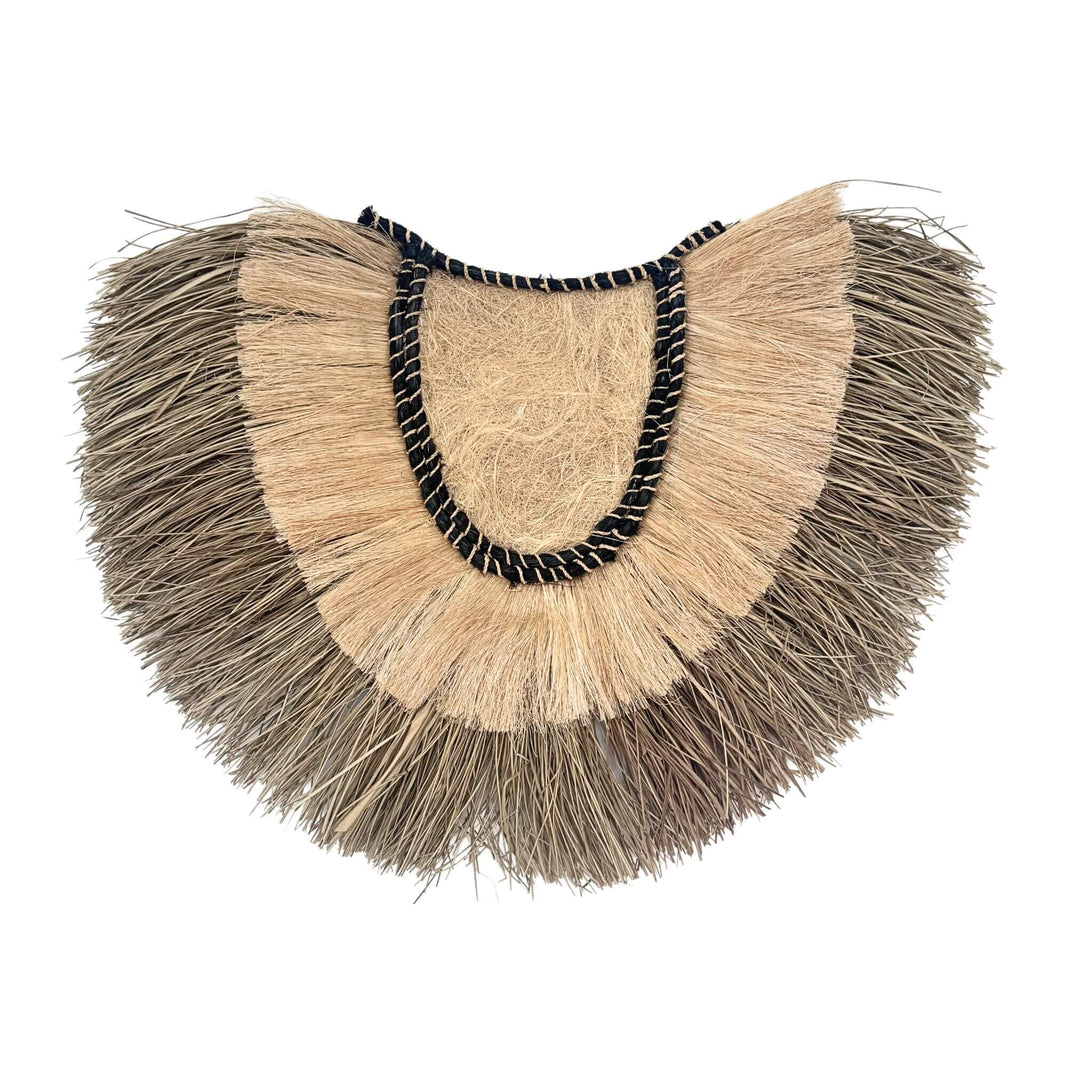 Amara Wall Deco with layered seagrass and sisal fringe and black accent on white background.