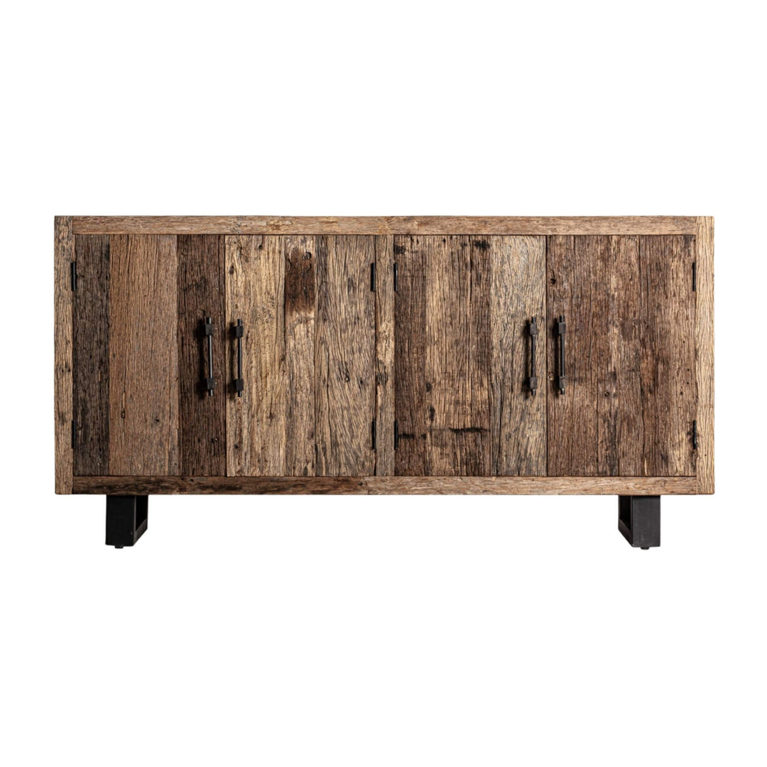 Amazonas Collection Buffet 4 Doors front view, natural pine wood with black metal legs.