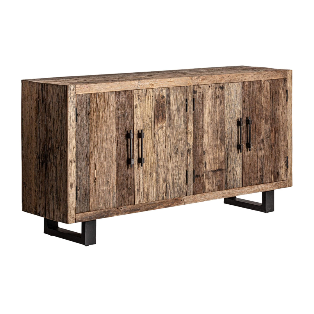 Side angle of Amazonas Collection Buffet 4 Doors showing rustic wood texture and black metal base.