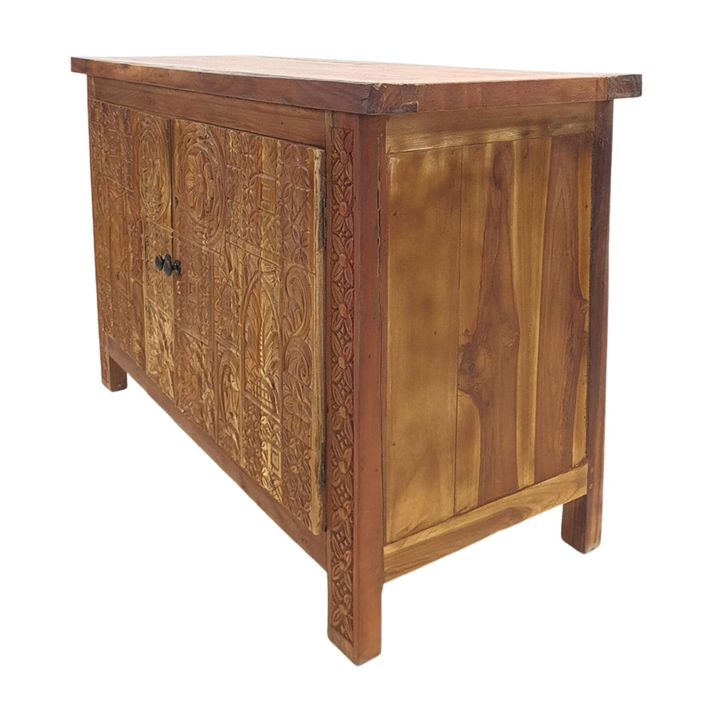 Three-quarter angle of Andromeda teak buffet showing natural grain and sturdy legs