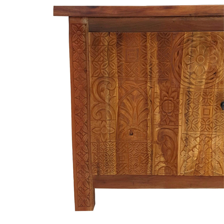 Side view detail of Andromeda teak sideboard highlighting reclaimed wood texture