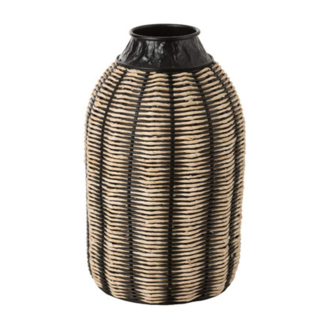 Handwoven Baba vase in natural rattan with black detailing