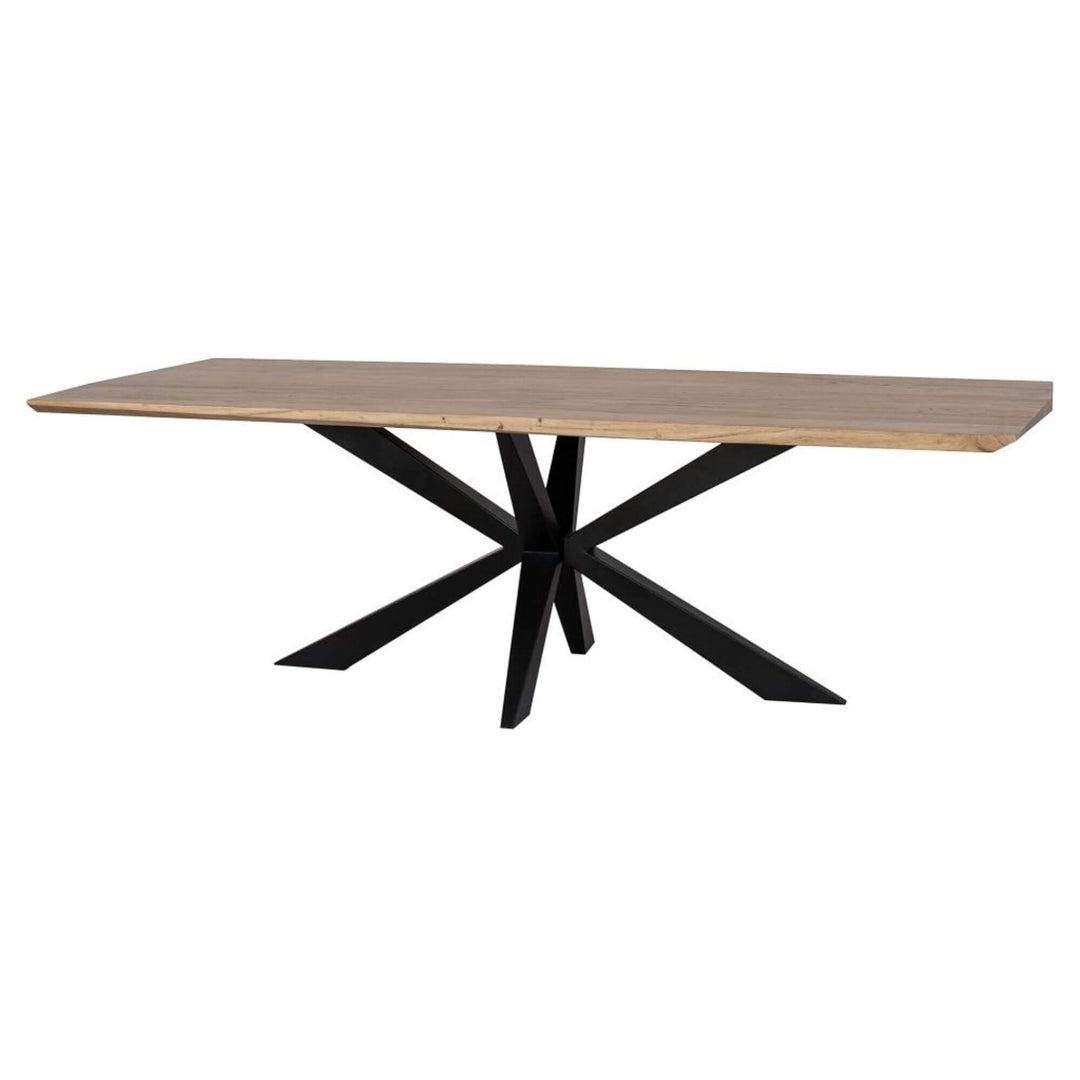 Bahia Dining Table with natural acacia wood top and black metal star-shaped base on a white background.