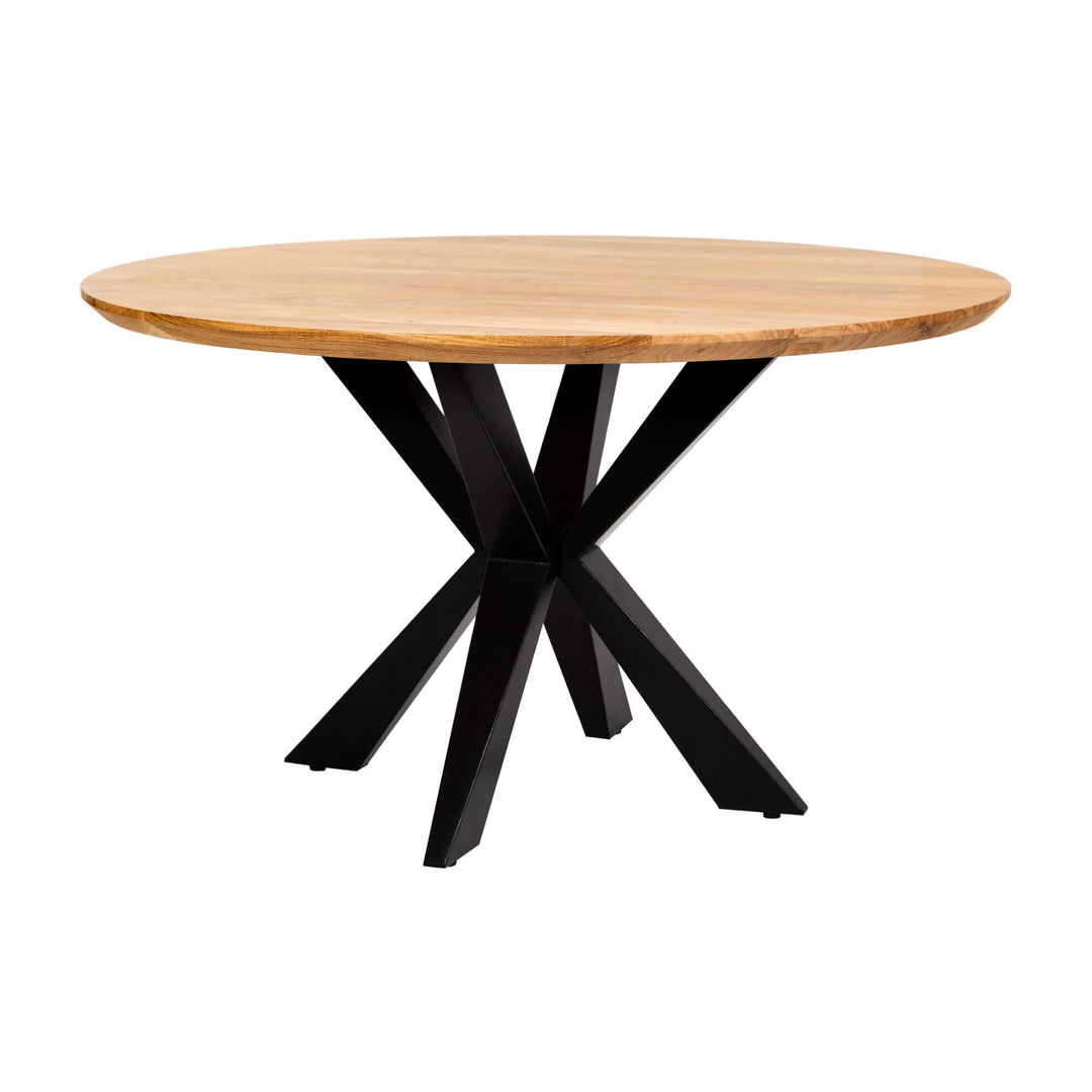 Bahia Round Dining Table showcasing wood top and black metal legs.